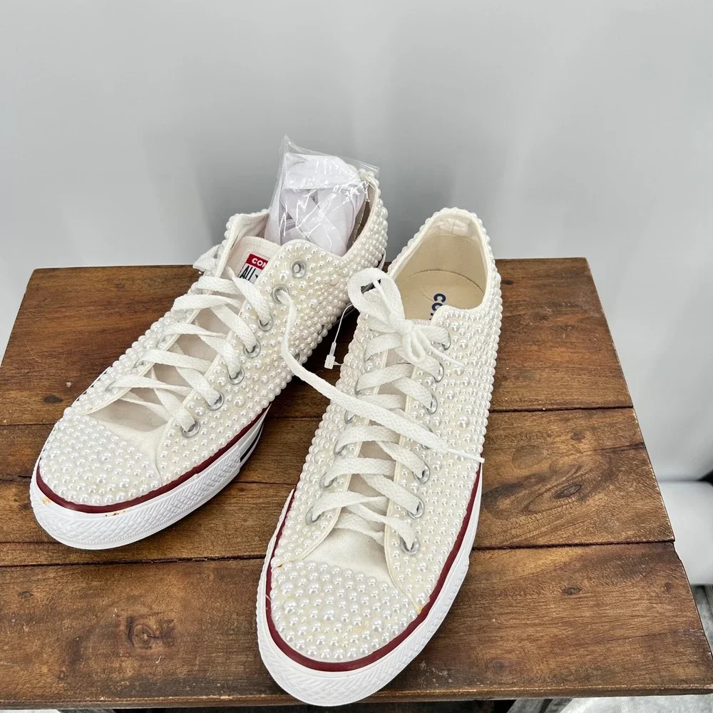Converse All Star Pearl Embellished Low  Sneakers Ivory Bridal‎ Shoes Womens 8.5